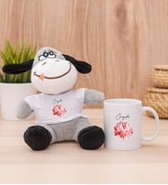 Kişiye Özel Pembe Çiçekli İsme Özel Peluş Eşek ve Beyaz Kupa