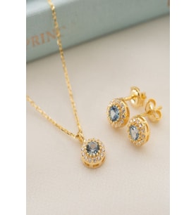 925 Ayar Gümüş Mart Ayı Doğum Taşı ( Aquamarine ) Kolye - Küpe Seti