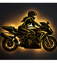 Lucenda LED Işıklı Kadın Motorcu Silüet Tablo Modern Motosiklet Duvar Dekoru (Sarı)