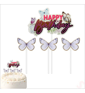 Kelebekli Happy Birthday Pasta Süsü 4’lü Set - Mor