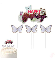Kelebekli Happy Birthday Pasta Süsü 4’lü Set - Mor