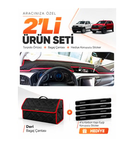 e-biz TOYOTA HİLUX (2016-2025) Uyumlu Torpido Örtüsü + Deri Bagaj Çantası - Siyah-Kırmızı - TO019