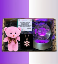 Pembe Ayıcıklı Renk Değiştiren Led Işıklı Cam Satürn Kız Küre Dolunay Lamba Kar Küresi Pembe Lotus Kolye