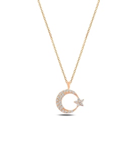 Zirkon Taşlı Rose Renk Ay Yıldız Model 3 Kadın Gümüş Kolye Gklayyldzm6-ros