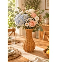 Atbyhome Doğal Hasır Rattan Çiçek Vazosu 25.5 cm - Masa Üstü Dekoratif El Örgüsü Kuru Çiçeklik Ve Saksı