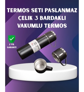 Paslanmaz Termos ve İkili Bardak Seti 6-12 Saat Sıcak/Soğuk Tutma