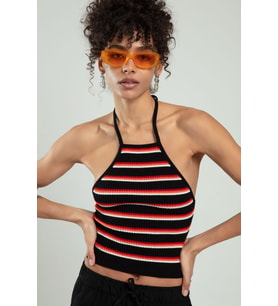 Sifu Tekstil Kadın Spor Boyundan Bağlamalı Straplez Çizğili Triko Atlet Büstiyer Crop Tap SFYZ1014 (Siyah)