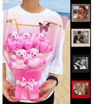 Kisiye Ozel Hediye Kadin - Pembe Ayıcık Buketi ve Fotoğraflı Mini Çerçeveler - Fotoğraflı Buket - Fotoğraflı Hediye