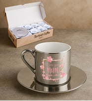BK Gift Kişiye Özel Anneler Günü Tasarımlı Porselen Metalik Gümüş Kahve Fincanı 6 'lı Set-3, Anneye Hediye, Anneler Günü Hediyesi