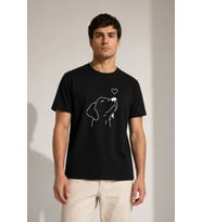Erkek Köpek Figürlü Minimal Baskılı Tişört Kısa Kol Yazlık T-Shirt - Siyah
