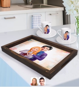 BK Gift Kişiye Özel Sevgililer Karikatürlü Doğal Ahşap Tepsi ve 2’li Kahve Fincan Seti-89