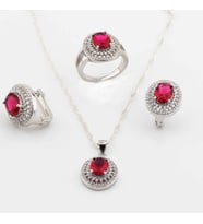 925 Ayar Gümüş Kırmızı Oval Zirkon Taşlı Set