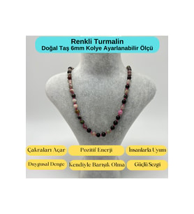 SERTİFİKALI Renkli Turmalin Doğal Taş 6mm Makrome Kolye 45cm- 55cm Ayarlanabilir Ölçü