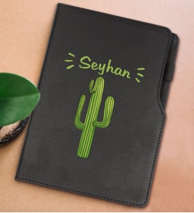 BK Gift Kişiye Özel Kaktüs Tasarımlı Siyah Termo Deri Not Defteri 15x21cm-1