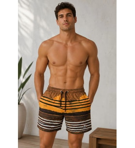 Erkek Deniz Şortu Çizgili Desenli Fermuarlı Cepli File Astarlı Hızlı Kuruyan - Kahverengi
