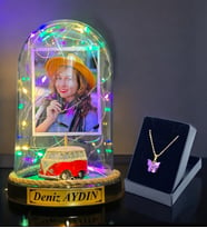 Sizlere Özel Renkli Led Işıklı Fanus ve Kelebek Kolye Hediye Seti (Model 2)