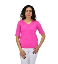 Kadın Yarım Kol V Yaka Yaka Sırt Detaylı Triko Tişöt 12835 BGL-ST04657 (Pembe)