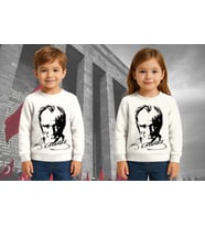 Unisex Ay Yıldızlı 19 Mayıs 29 Ekim 23 Nisan 10 Kasım Atatürk Çocuk 3 İplik Şardonlu Sweatshirt (Beyaz)