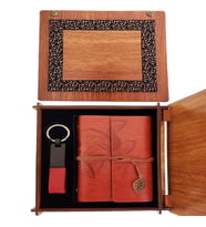 Ahşap Kutulu Kahve Deri Defter Anahtarlık Set