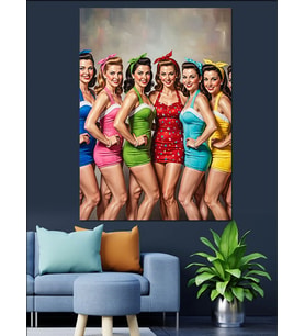 Renkli Elbiseli Pin-Up Kadınlar Dekoratif Kanvas - Mdf Ahşap Tablo