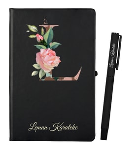 Sevgiliye Hediye Kişiye Özel Siyah Defter ve Siyah Roller Kalem Seti