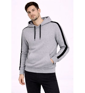 Erkek Şeritli Kapüşonlu Sweatshirt Oversize 3 iplik Pamuklu Hoodie - Gri
