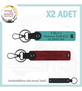 Motorcu Tarzına Özel, İsim Plaka ve 0 Rh (+) Kan Grubu Yazılı x2 Anahtarlık, Kırmızı-K Turkuaz-Syh (Çok Renkli)