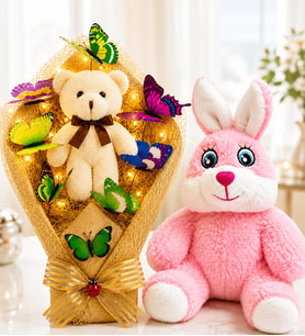 LED Işıklı Krem Peluş Ayıcıklı Buket ve Pembe Peluş Tavşan Hediye Seti