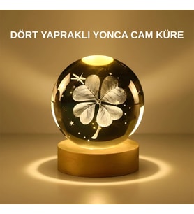 Dekoratif Yonca Görünümlü Işıklı Kristal Cam Küre Usb Masa Gece Lambası