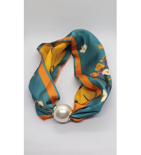 Turkuaz & Turuncu Çiçek Desenli Enerjik Stil İncili Fular Kolye (44 cm)
