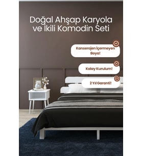Lotus Model Masif Ahşap Karyola ve 2 Adet Komodin Kolay Kurulum Fırınlanmış İthal Sibirya Çamı 150x200 Yatak Uyumlu 2 Adet Komodin