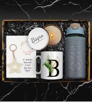 Deri Kılıflı 500 ML Cam Matara & Kişiye Özel Kupa & Kişiye Özel Mum & Yıldız Anahtarlık Hediye Seti
