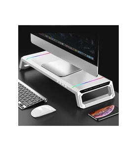 RGB Işıklı Laptop Sehpası ve Mönitör Standı, 4 USB Hub, Telefon Tutuculu