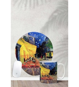 Van Gogh Cafe Terrace Desenli Bilek Destekli Mouse Pad Kupa Seti