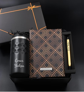 Kişiye Özel Siyah Geometrik Termos & Gold Kareli Defter & Gold Kalem - Ofis Hediye Seti