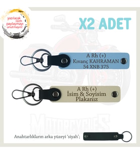 Motorcu Tarzına Uygun, İsim Plaka ve A Rh (+) Kan Grubu Yazılı x2 Anahtarlık Set, Mavi-S Kahve-Syh