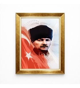 Tablore Türk Bayraklı Atatürk Portresi Modern Tasarım Altın Çerçeveli Tablo