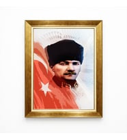 Tablore Türk Bayraklı Atatürk Portresi Modern Tasarım Altın Çerçeveli Tablo
