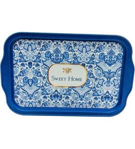 Desenli Metal Tepsi - Çay Kahve Tepsisi - Sunum Tepsisi 21 Cm X 31 Cm (Azulejos Sweet Home)