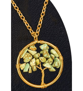 Sertifikalı Gold Firuze (Turkuaz) Taşı Hayat Ağacı Kolye - Altın Renkli (Çok Renkli)