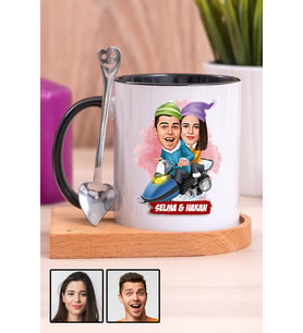 Sevgililere Komik Hediye Kış Temalı  Karikatürlü Ahşap Altlıklı Siyah Kupa Bardak