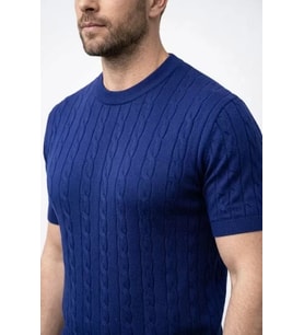 Erkek Yazlık Triko Dokuma Tişört Kısa Kol Bisiklet Yaka Örgü Desenli T-Shirt - Lacivert