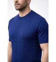 Erkek Yazlık Triko Dokuma Tişört Kısa Kol Bisiklet Yaka Örgü Desenli T-Shirt - Lacivert