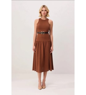 Kadın Kolsuz Maxi Elbise Kemerli Yaka Skater Kesim Astarlı Polyester Dokuma Günlük Rahat