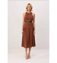 Kadın Kolsuz Maxi Elbise Kemerli Yaka Skater Kesim Astarlı Polyester Dokuma Günlük Rahat