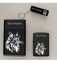 Kedi Desenli Kişiye Özel İsimli Çakmak,Metal Tabaka ve Anahtarlık Seti - 3'lü Hediye Set (Siyah)