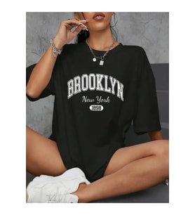 Baskılı Oversize Bisiklet Yaka T-shirt - Siyah
