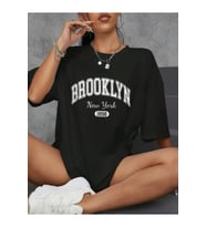 Baskılı Oversize Bisiklet Yaka T-shirt - Siyah