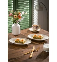 Porsima 4443 Gardenya Porselen Platin Fileli Kayık Tabak Seti - Oval Kahvaltılık Sunumluk Seti 20cm