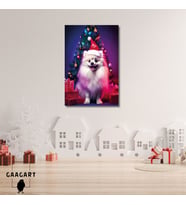 Tekli Dikey Kanvas Duvar Tablosu Yılbaşı Hediyesi Noel Baba Kostümlü Beyaz Pomeranian